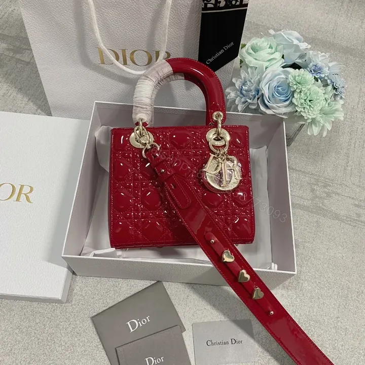 View 1 of Glossy Red Dior-Style Structured Handbag with Gold Hardware