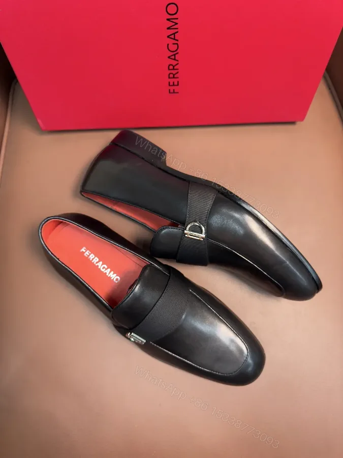View 1 of Elegant Leather Loafers with Red Leather Interior, Metal Accent, Slip-On Style