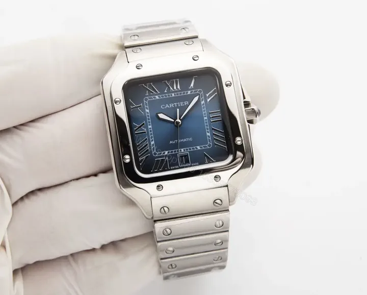 View 1 of Premium Cartier Santos Blue Dial Steel Bracelet replica Men’s Edition RG-CARTIER-SANTOS-BLUE-STEEL-MENS