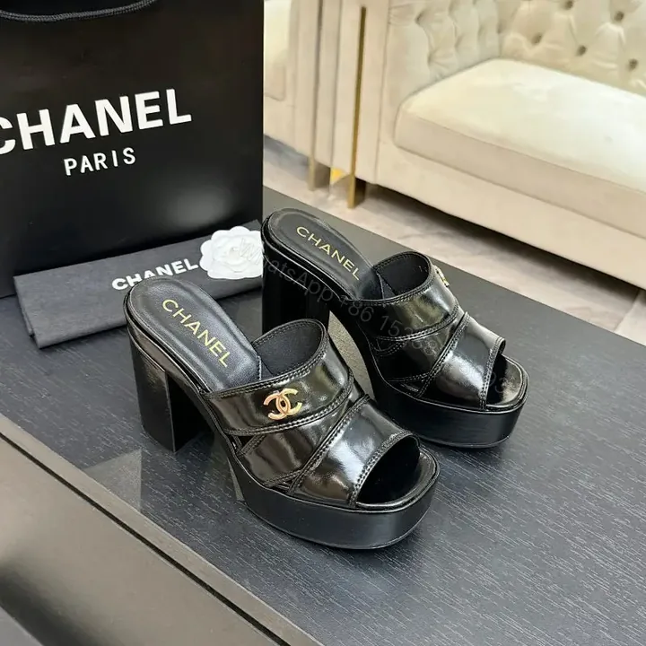 View 1 of Chic Platform Slides: Patent Leather, Gold Logo, Quilted