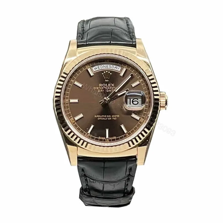 View 1 of Rolex Day-Date 36 128138 Super Clone : 36mm Yellow Gold Black Dial on Black Leather Strap