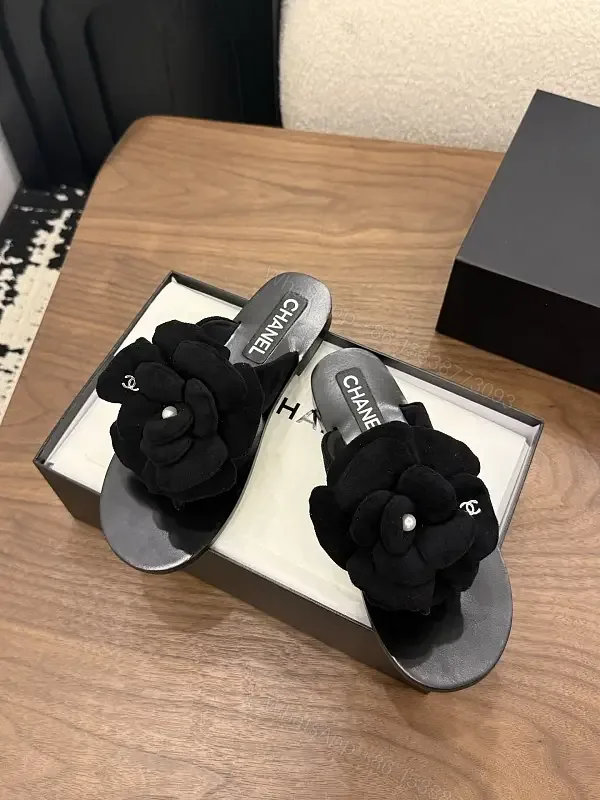 View 1 of Black Velvet Flower Slides Chanel Style Slip-On Sandals
