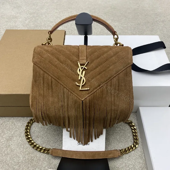 View 1 of Suede Fringe Satchel: Compact, Gold Accent, Versatile Style