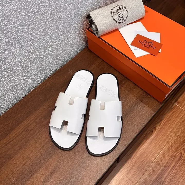 View 1 of White Leather Slide Minimalist Hermes Inspired Open-Toe Sandals