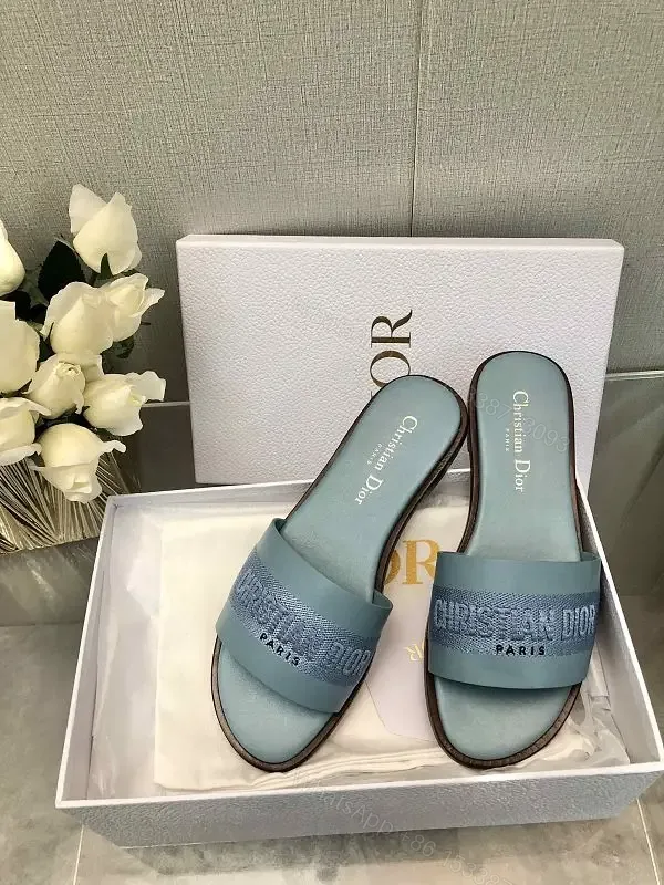 View 1 of Blue Denim Strap Slide Sandals Dior Paris Style Lightweight Comfort Sandal