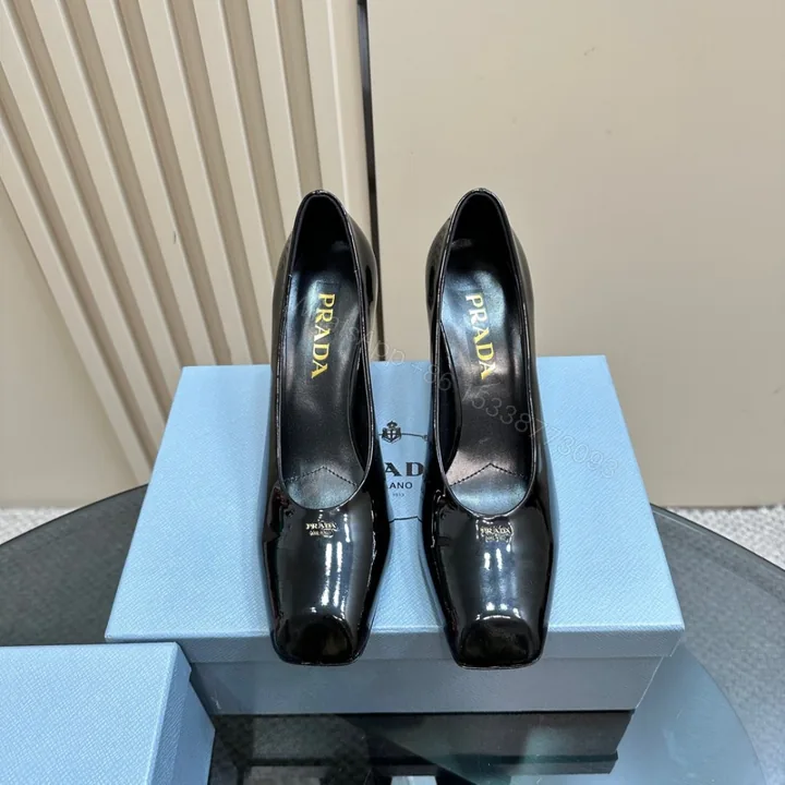 View 1 of 高仿Prada*1I837N方頭粗跟高踭鞋8.5CM漆皮黑色免檢版