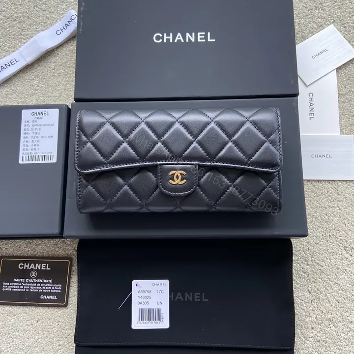 View 1 of Chic Quilted Black Leather Wallet â€“ Gold CC Logo Luxury