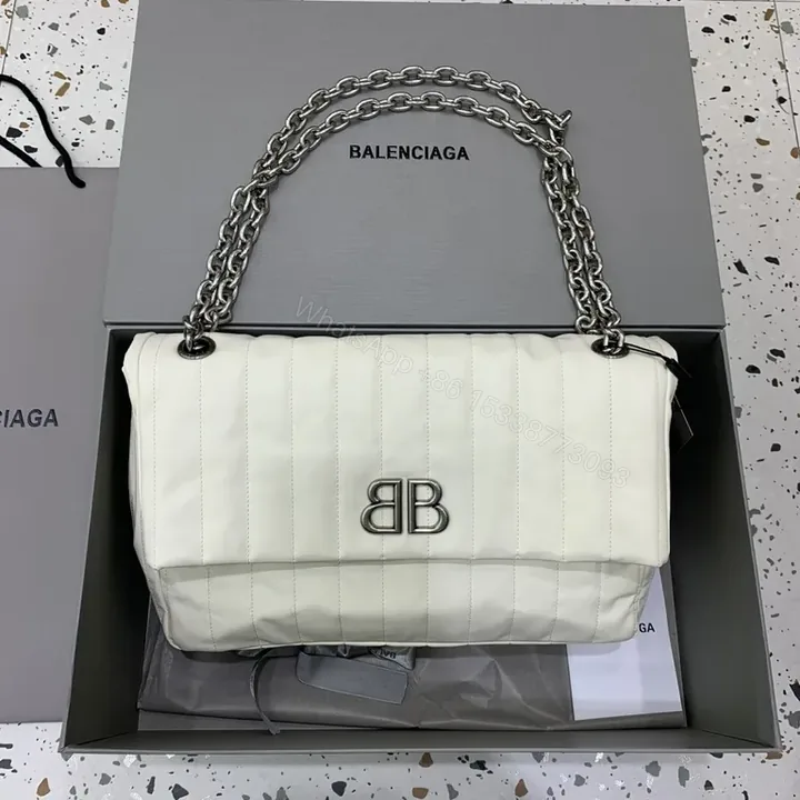 View 1 of Balenciaga-Inspired White Quilted Leather Bag with Chain Straps