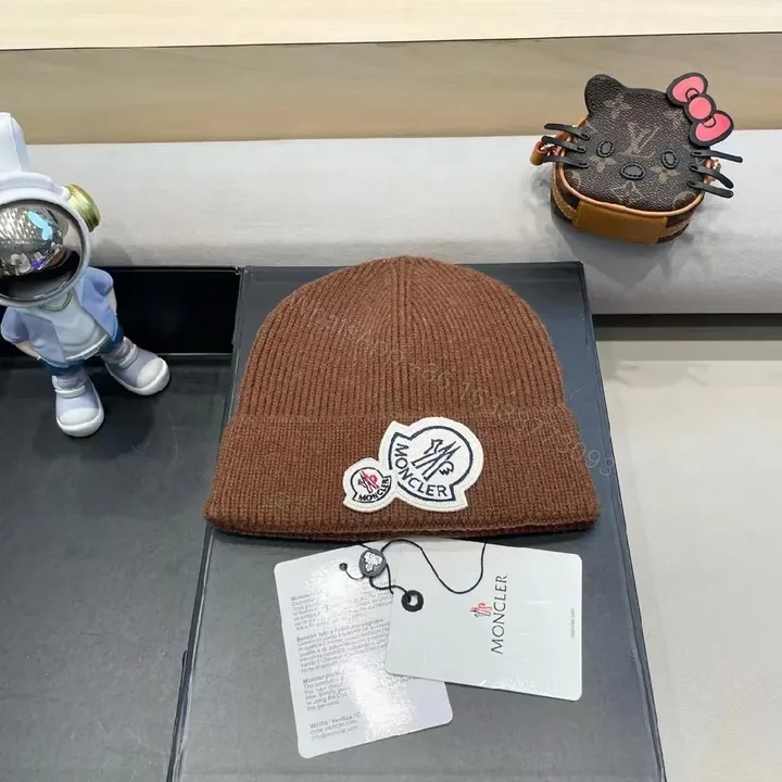 View 1 of Cocoa Ribbed Knit Beanie - Luxury Moncler-Inspired Patch Vestment