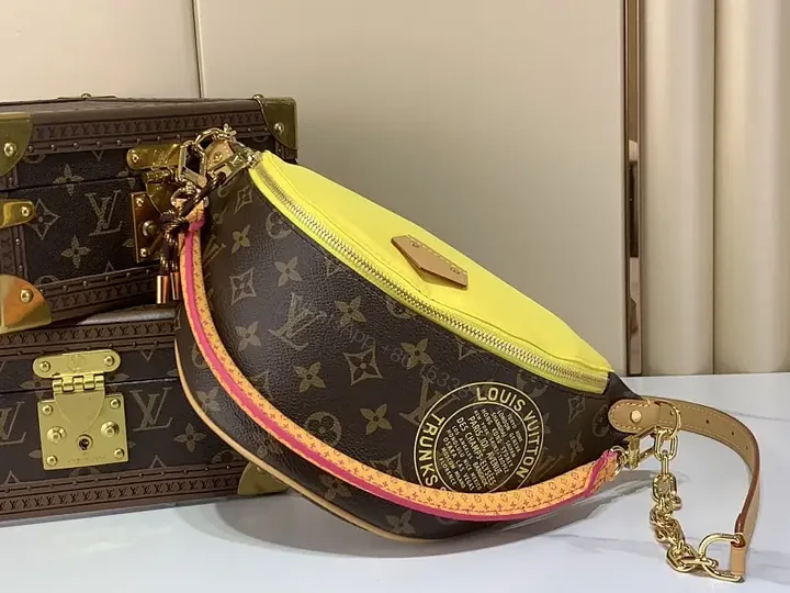 View 1 of Dark Brown LV Monogram Crescent Belt Bag with Yellow Top Panel