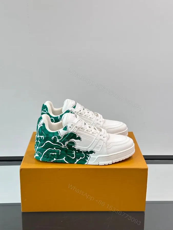 View 1 of LV Men White Leather Sneakers With Green Graphic