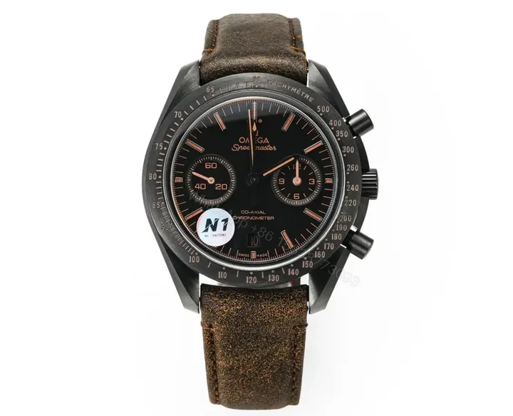 View 1 of Omega Speedmaster Dark Side of the Moon Black Ceramic Chronograph with Brown Leather Strap