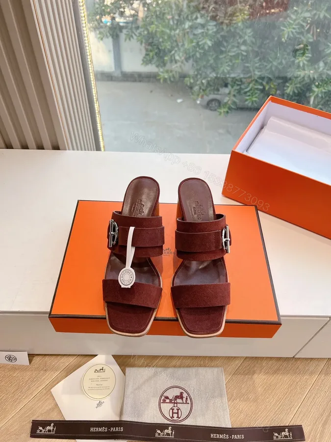 View 1 of Hermes Women Brown Suede Leather Mules