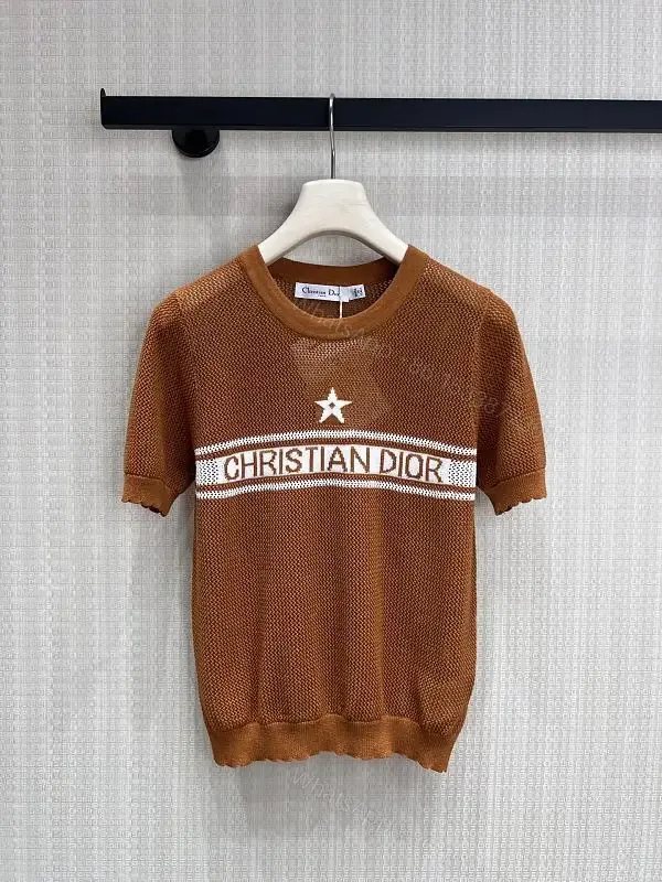 View 1 of Warm Brown Knit Top with White CH RISTIAN DIOR Band, Star, Open Weave Short Sleeve