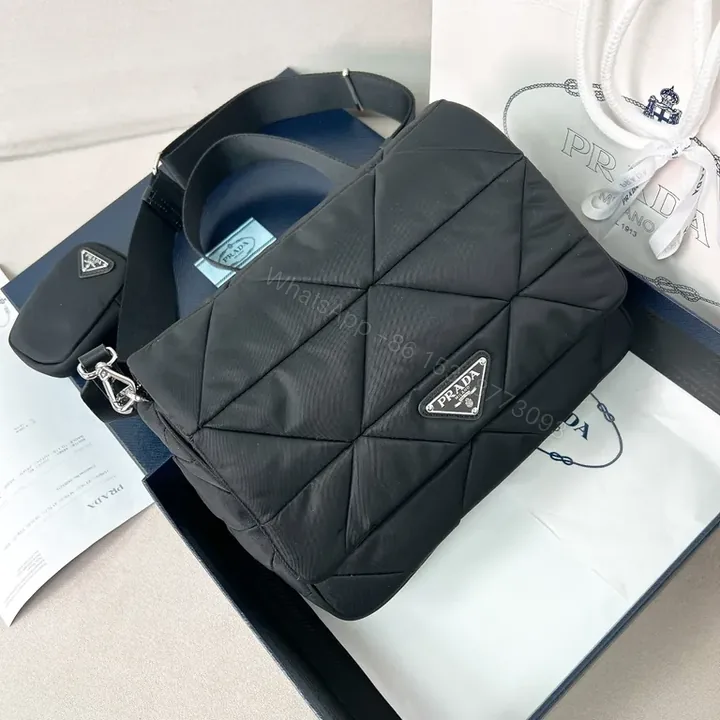 View 1 of Compact Quilted Messenger Bag â€” Dark Matte Black Prada Accent