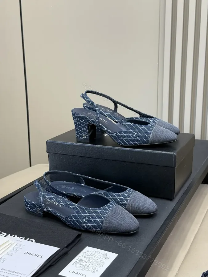 View 1 of Denim Diamond Slingbacks: Quilted Texture, Subtle Chanel Detailing