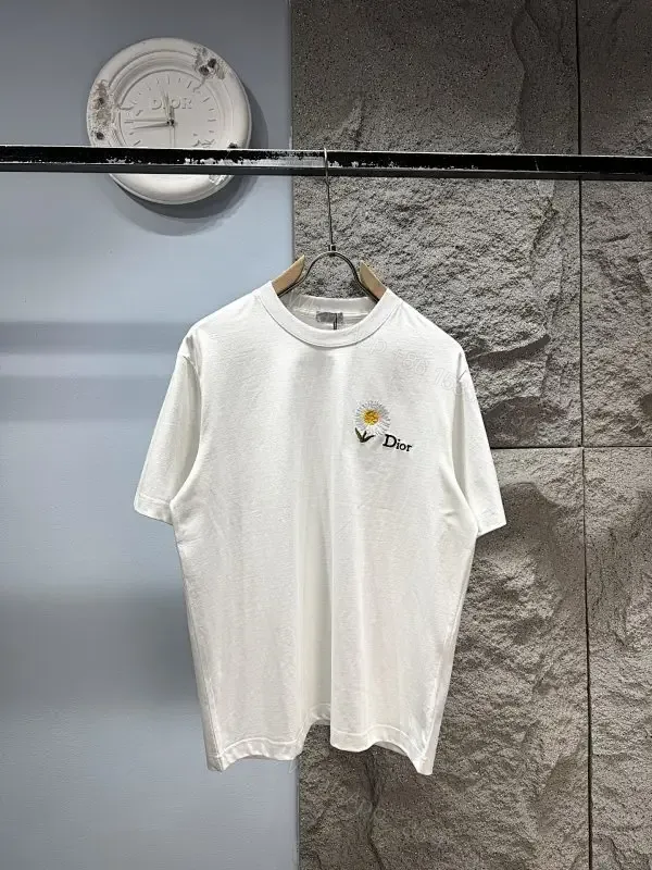 View 1 of Soft-White Cotton Tee with Embroidered Daisy Accent, Relaxed Fit