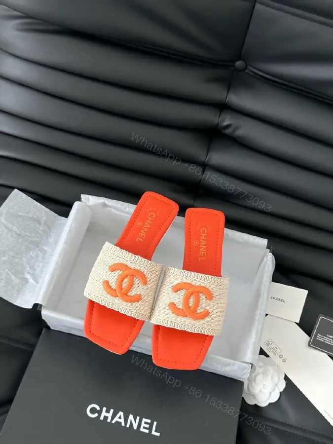 View 1 of Bold Orange-Blocked Chanel-Inspired Slide Sandals