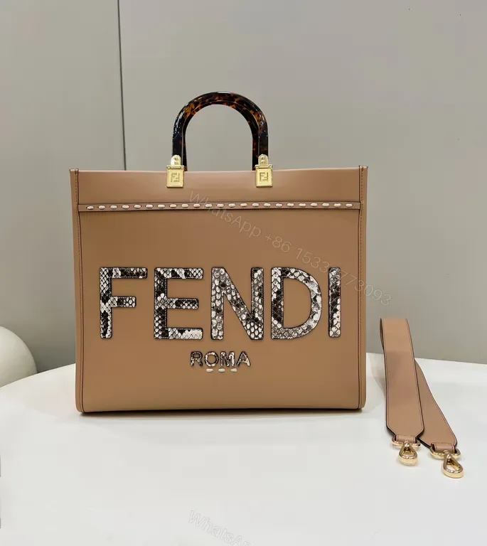View 1 of Snakeskin-Accent Fendi Structured Leather Tote - Bold Luxury