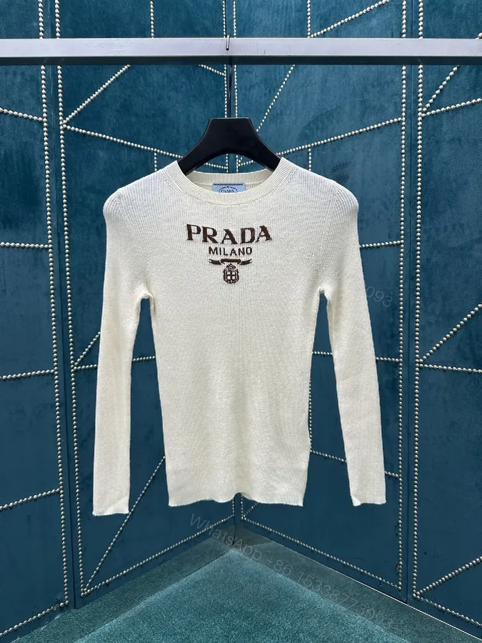 View 1 of Ivory Knit Crewneck Sweater, Subtle Logo, Premium Texture