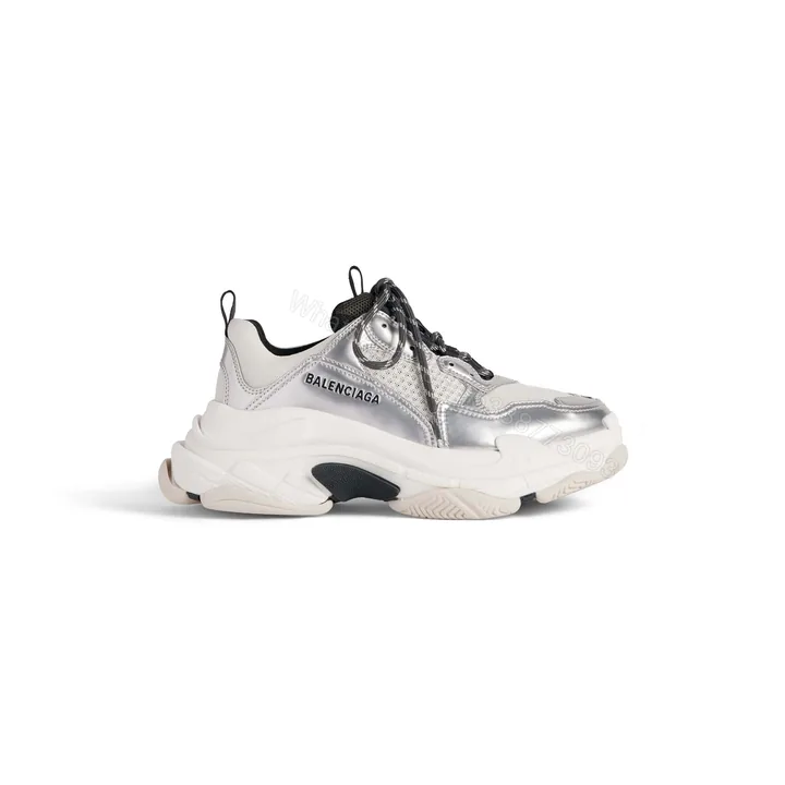 View 1 of BALENCIAGA WOMEN’S TRIPLE S SNEAKER IN BLACK/WHITE/SILVER – BB256