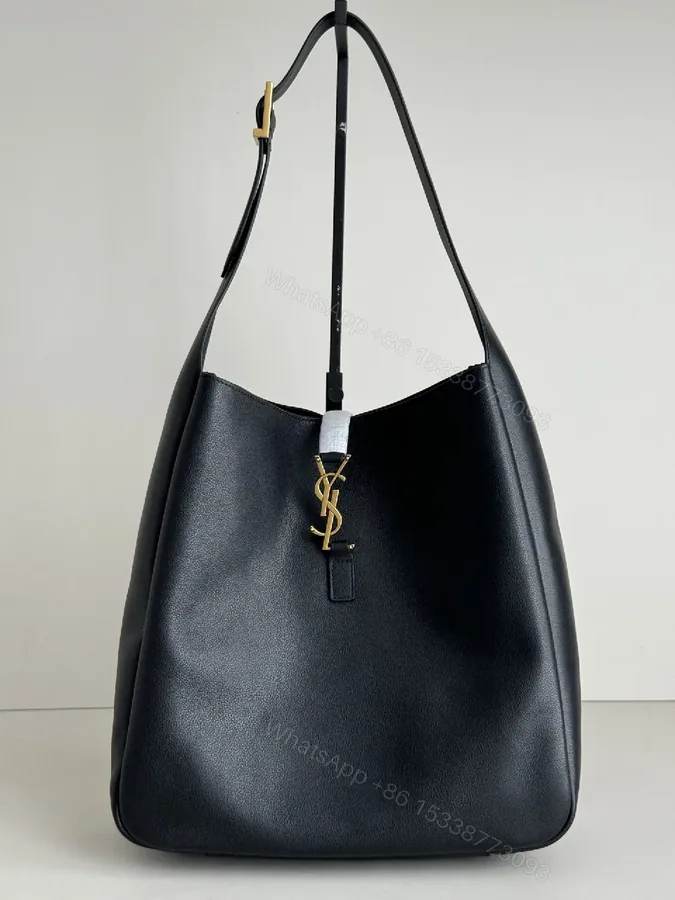 View 1 of Lux Black Leather Tote with Gold Hardware