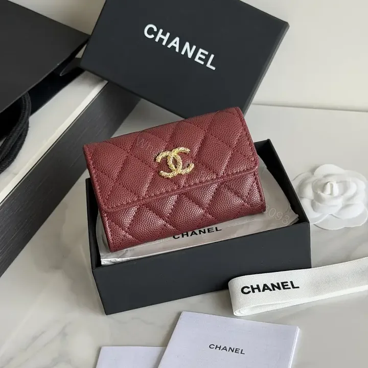 View 1 of Burgundy Quilted Leather Wallet — Gold Logo, Compact Bifold