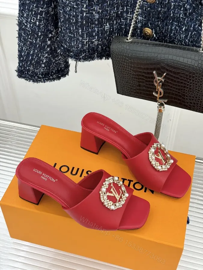 View 1 of Red Satin Luxe Slides with Crystal Buckle - Open-Toe 2-Inch Heel