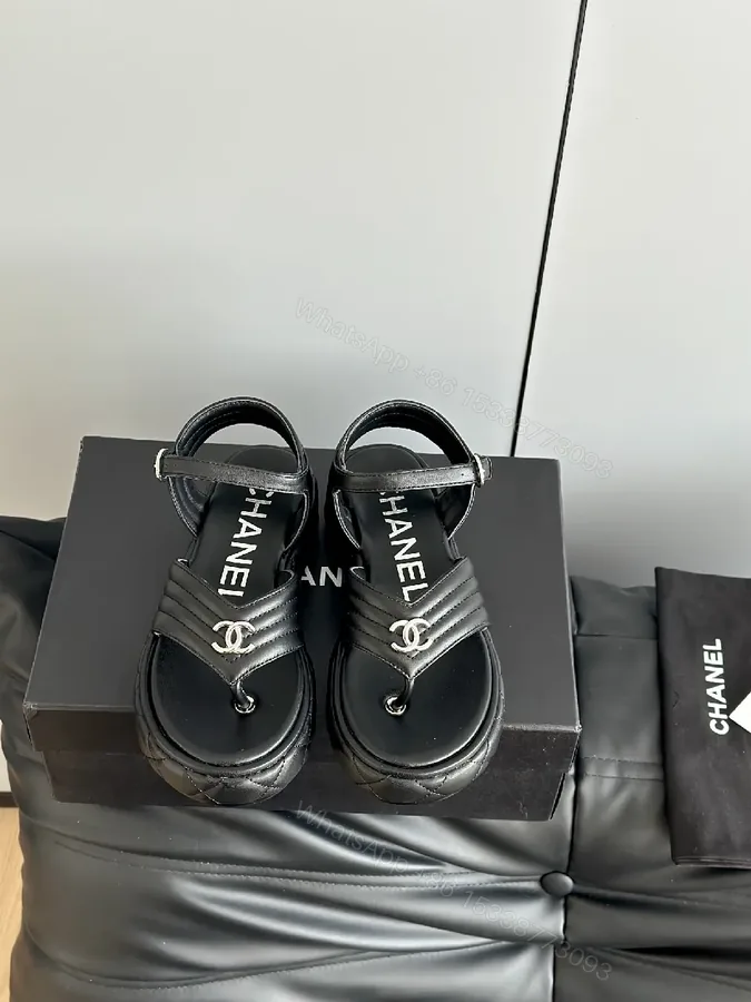 View 1 of Black Leather Quilted Sandals with Interlocking Detail, Platform Style