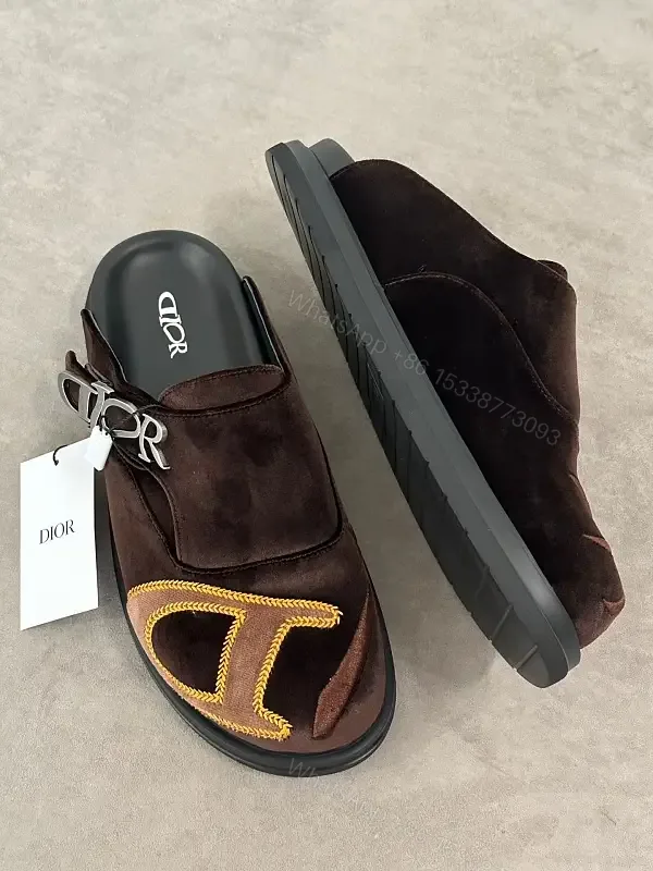 View 1 of Brown Suede Leather Slippers Quilted Logo Dior Slide