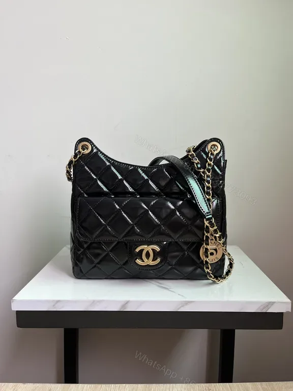 View 1 of Chic Quilted Calfskin Bag: Modern Glam, Gold Chain, Crossbody