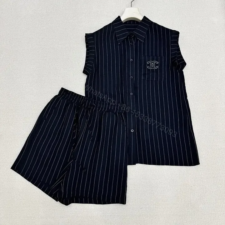 View 1 of Navy Pinstripe Linen Set with Chanel Logo Pocketless Style