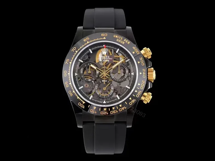 View 1 of Top Rolex Daytona Skeleton Black replica 40MM Carbon Black Rubber Strap Edition RG-DAYTONA-SKELETON-BLACK-RUBBER-40