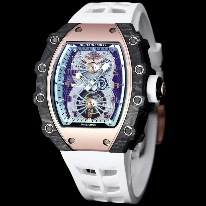 View 1 of Richard Mille RM21-01 Automatic Skeleton Watch 40MM Carbon Fiber Case White Strap Aerospace Structure 20 Keyway Screws Premium Edition RM-RM21-01-CF-WHT-SKL-40