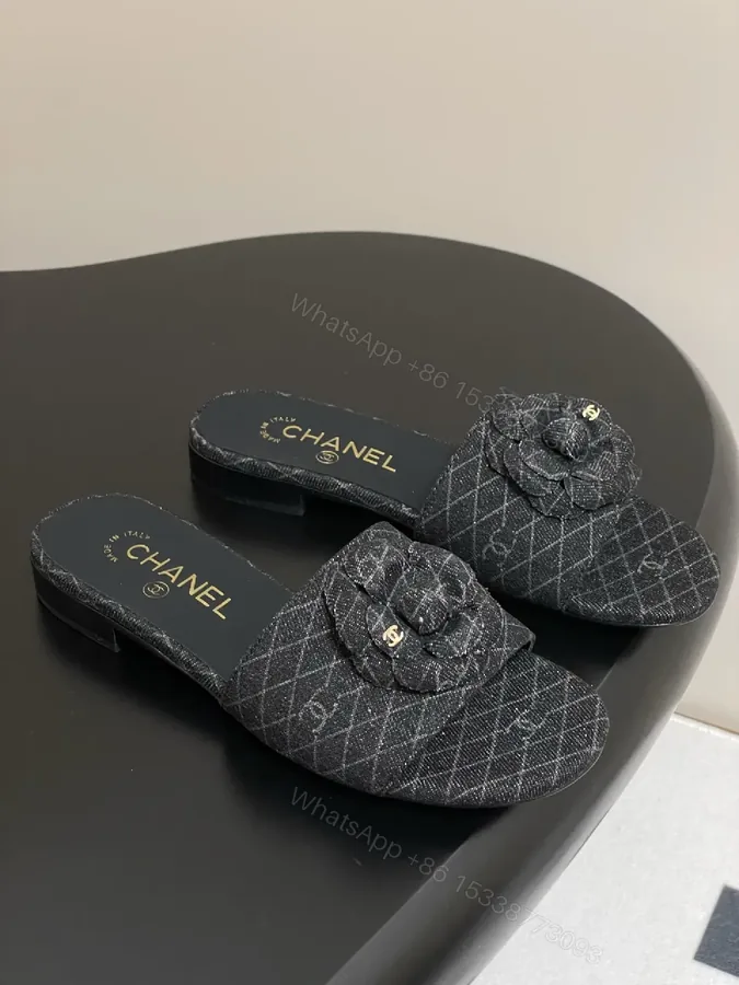 View 1 of Quilted Tweed Slides with Camellia Charm, Open-Back Luxury