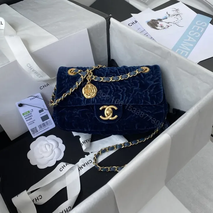 View 1 of Velvet Chanel-Inspired Flap Bag: Luxe, Navy, Gold