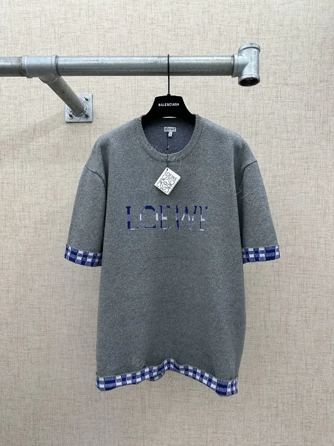 View 1 of Grey Knit Dress with Logo & Gingham Cuffs - Luxe Streetwear Style