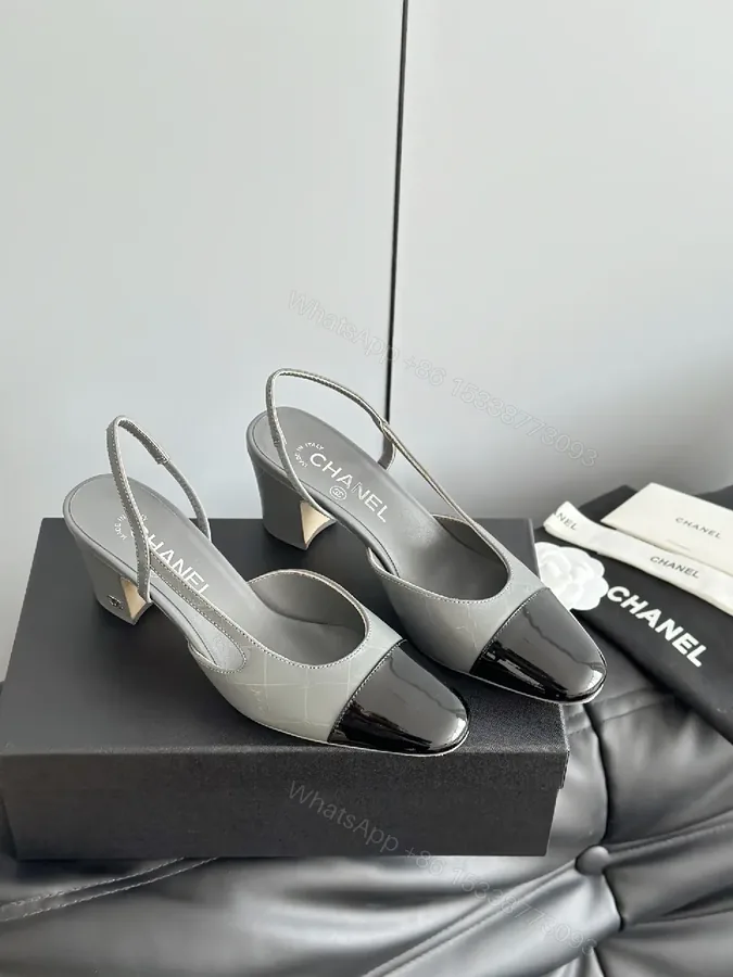 View 1 of Gray Patent-Toe Slingback Heels: Modern Block-Color Comfort