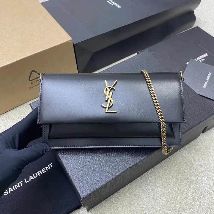 View 1 of Chic Black Leather Shoulder Clutch with Gold Logo