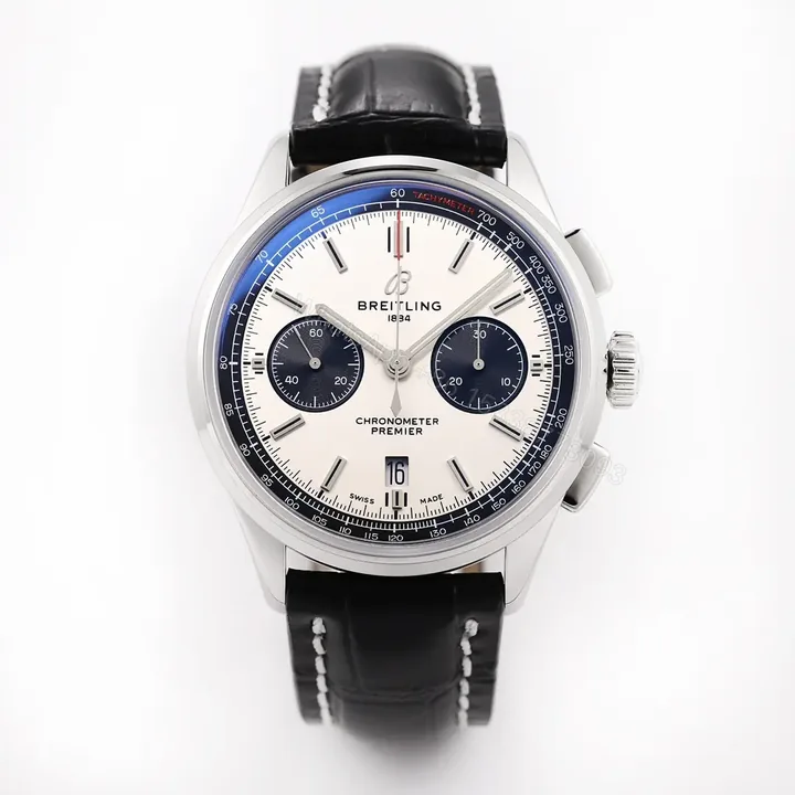 View 1 of GF Factory Breitling Premier B01 Chronograph Watch – Silver Dial, Blue Sub-dials, Black Leather Strap