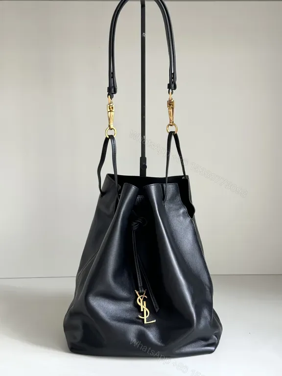 View 1 of Chic Leather Drawstring Bucket Bag with Gold Accent