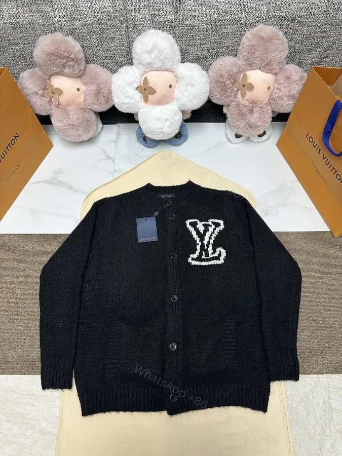 View 1 of Statement Cardigan with Monogram Knit, Black, Unisex, Button Front, Cardigan