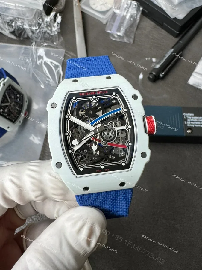 View 1 of Super Clone Richard Mille RM67-02 White Ceramic Skeleton Tourbillon 1:1 Replica Watch with Blue Strap
