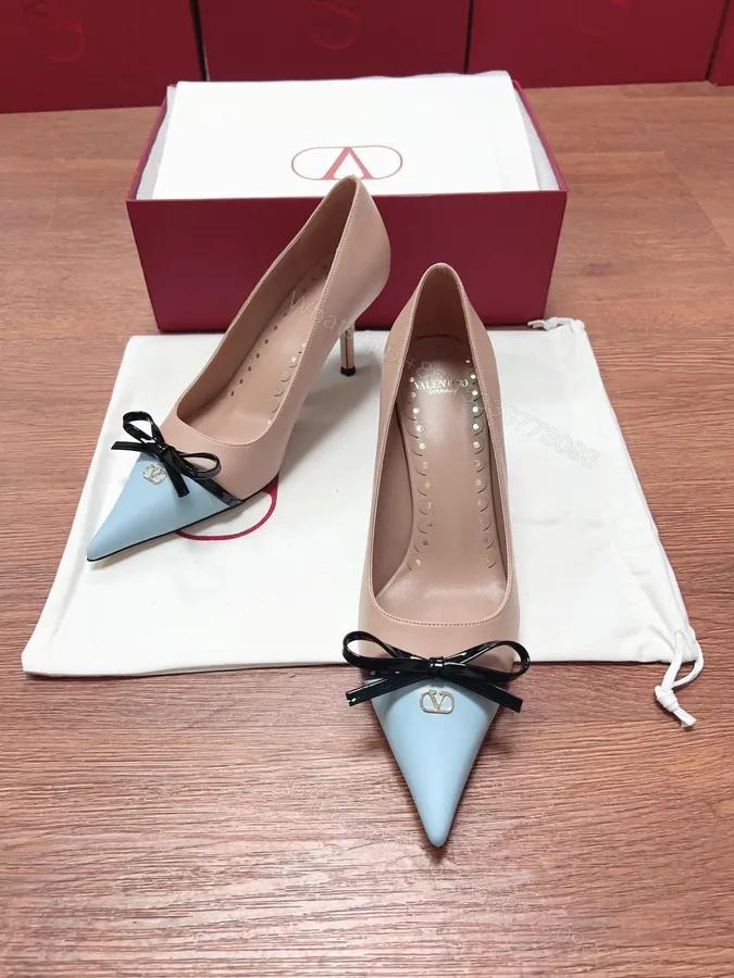 View 1 of Valentino Women Beige Leather Blue Bow Detail Pumps