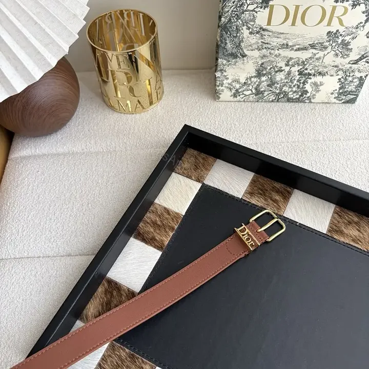 View 1 of Brown Leather Minimalist Belt with Gold DIOR Emblem Strap