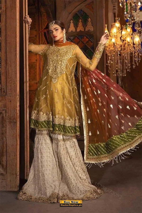 View 1 of Maria B Mustard and Off White Net Replica