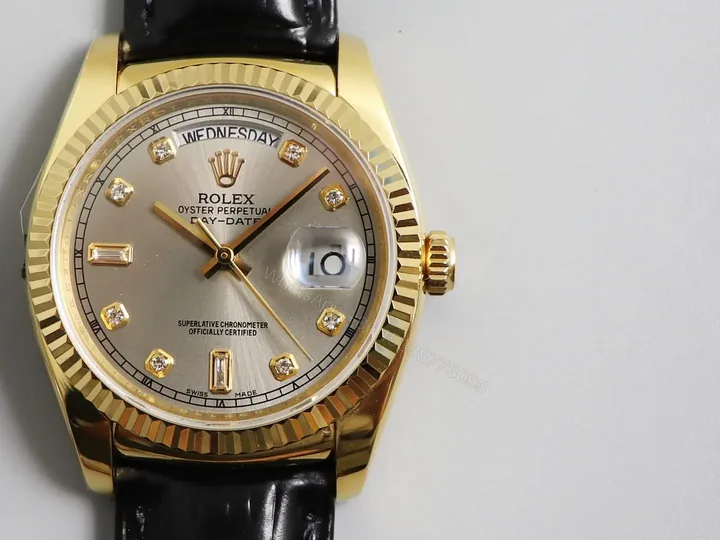 View 1 of Fake Rolex Day-Date Champagne Diamond Premium Leather Strap 36MM ROLEX-DD36-CHAMP-DIA