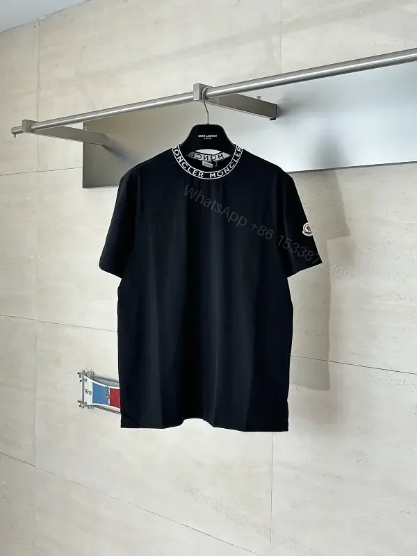 View 1 of Black Cotton Tee with Moncler Logo Collar