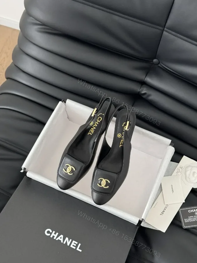 View 1 of Black Leather Slingbacks with Gold Hardware, Luxury-Style Heels