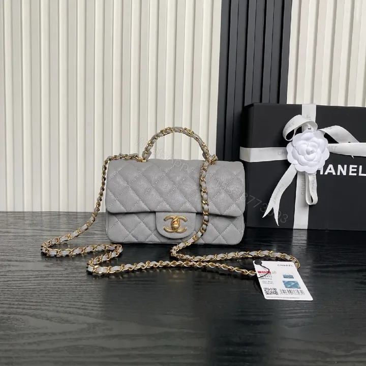 View 1 of Quilted Mini Flap Bag - Gold Chain, Grey Lambskin Leather